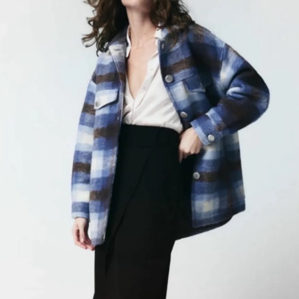 Zara Blue & Brown Plaid Wool Shacket